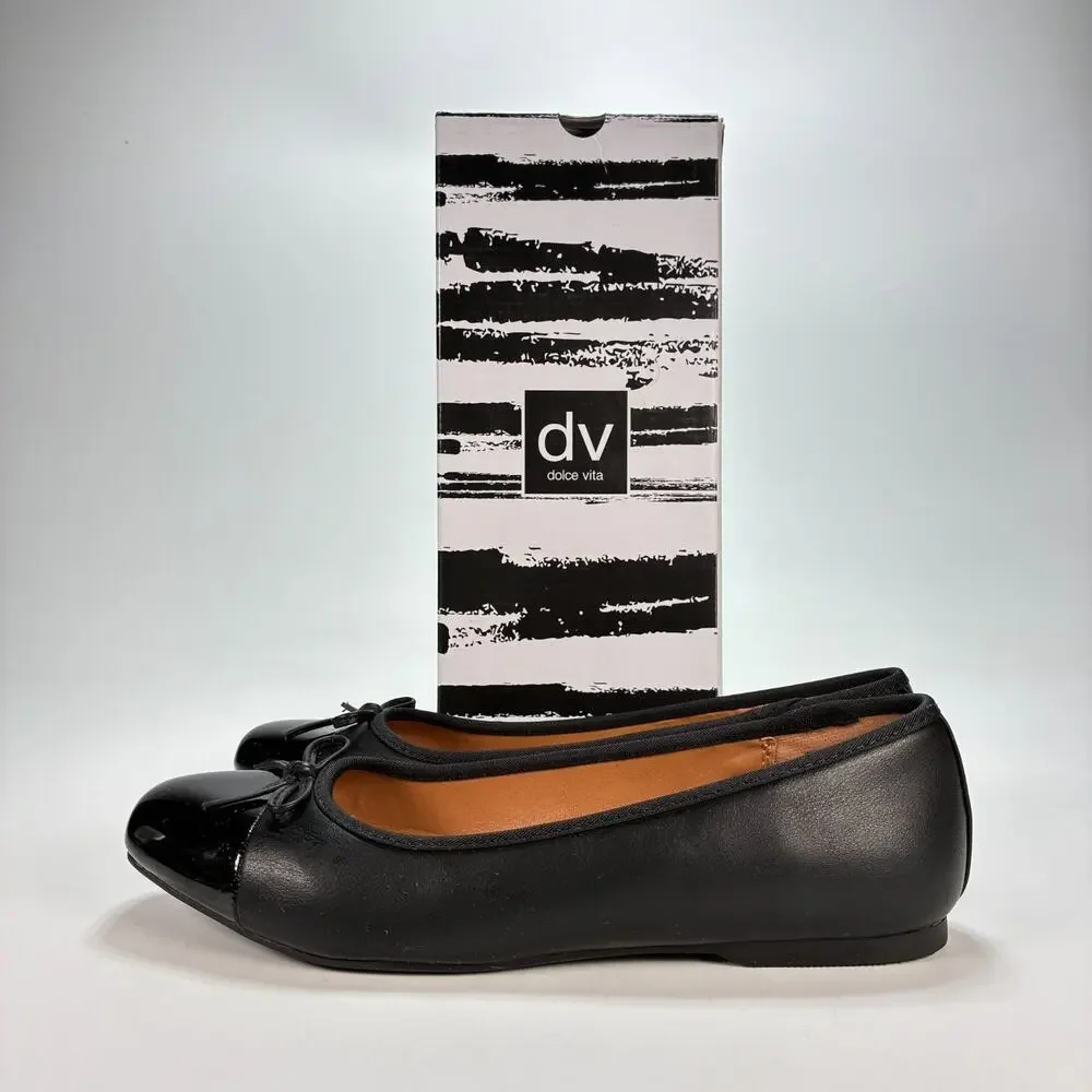 DV Dolce Vita Moxy Black Casual Slip On Bow Ballet Flat Sandals Women's Size 7.5